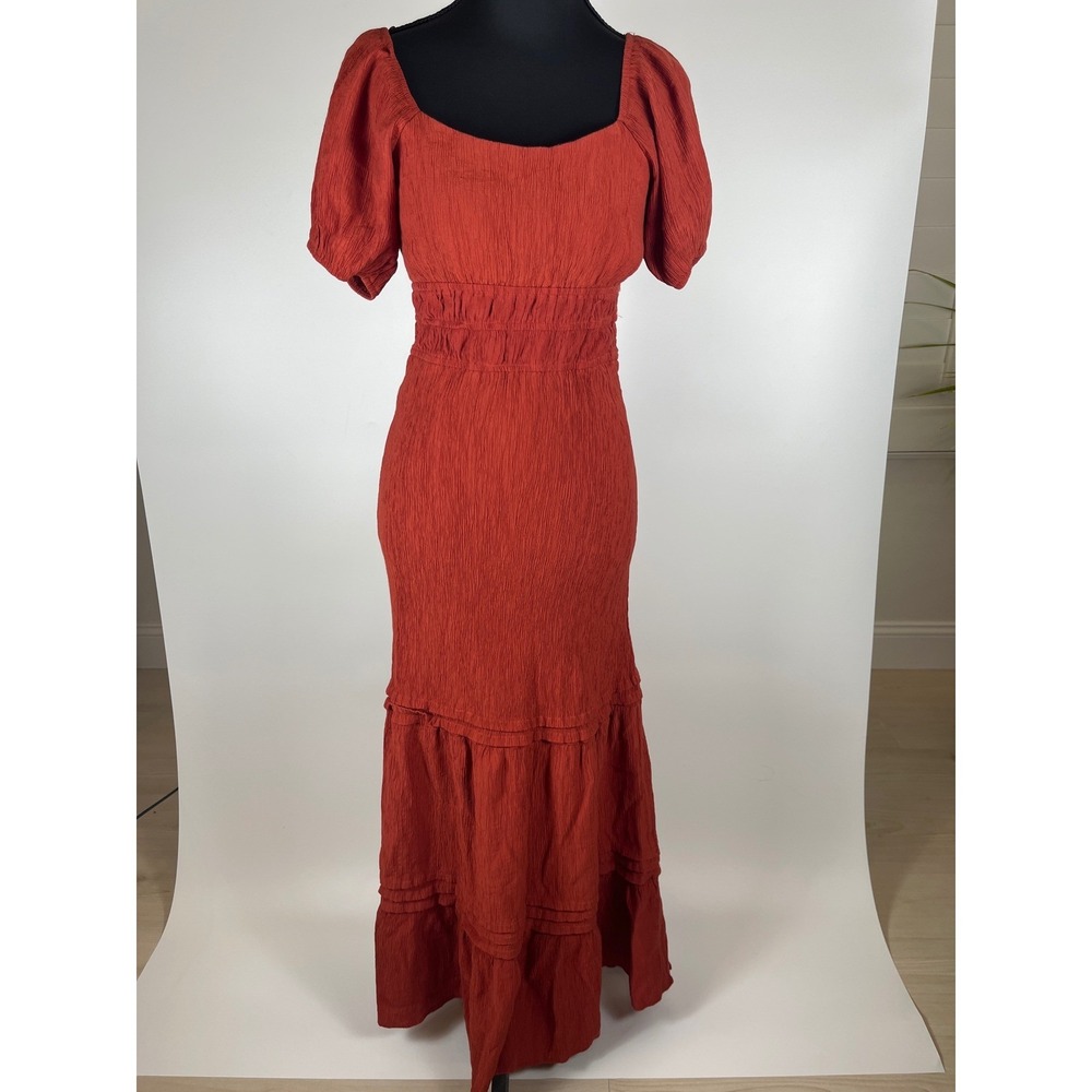 Max + Ash Rust Orange Crinkle Tiered Maxi Dress Square Neck Puff Sleeve Sz M